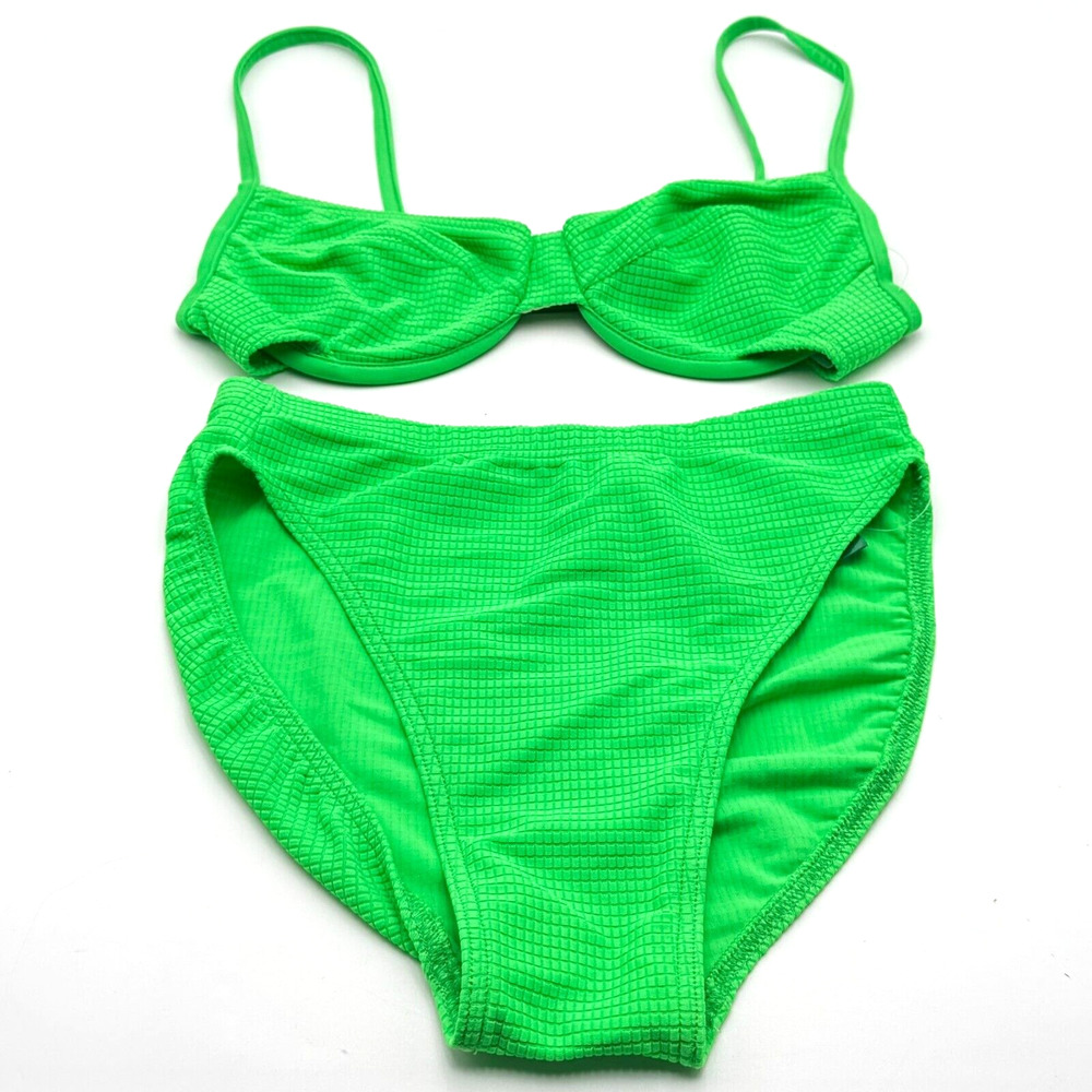MAILLOT BALTEX NWT Women's 9/10 2 Piece Neon Green Bikini Waffle Texture Vintage
